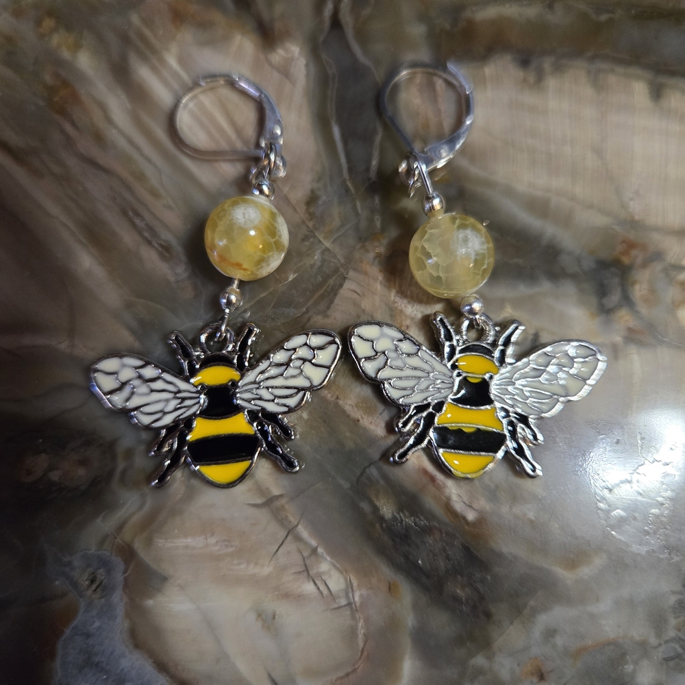 Enamel Bumblebee And Yellow Snakeskin Agate Earrings